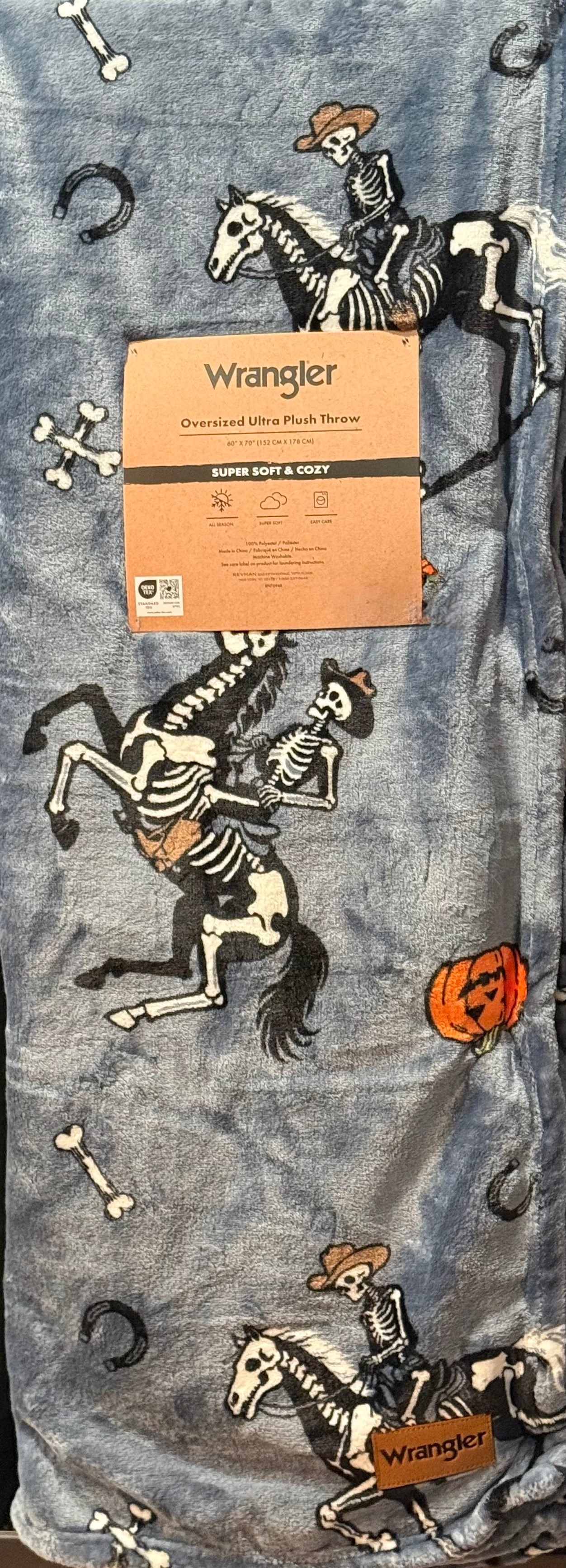New Wrangler oversized 60x70 plush throw blanket bedding Halloween skeleton cowboy