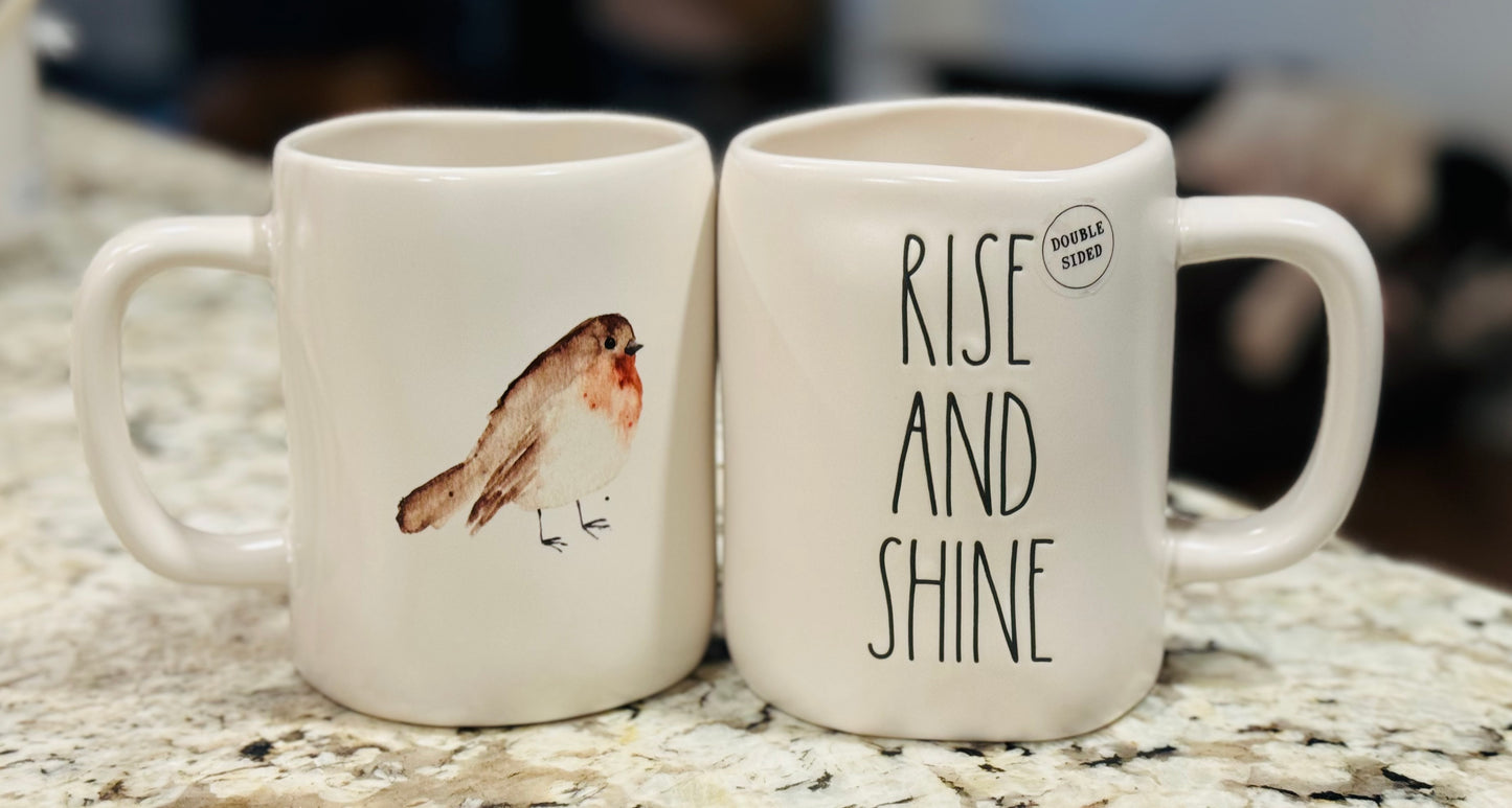 New Rae Dunn ceramic double sided RISE AND SHINE mug Bird back