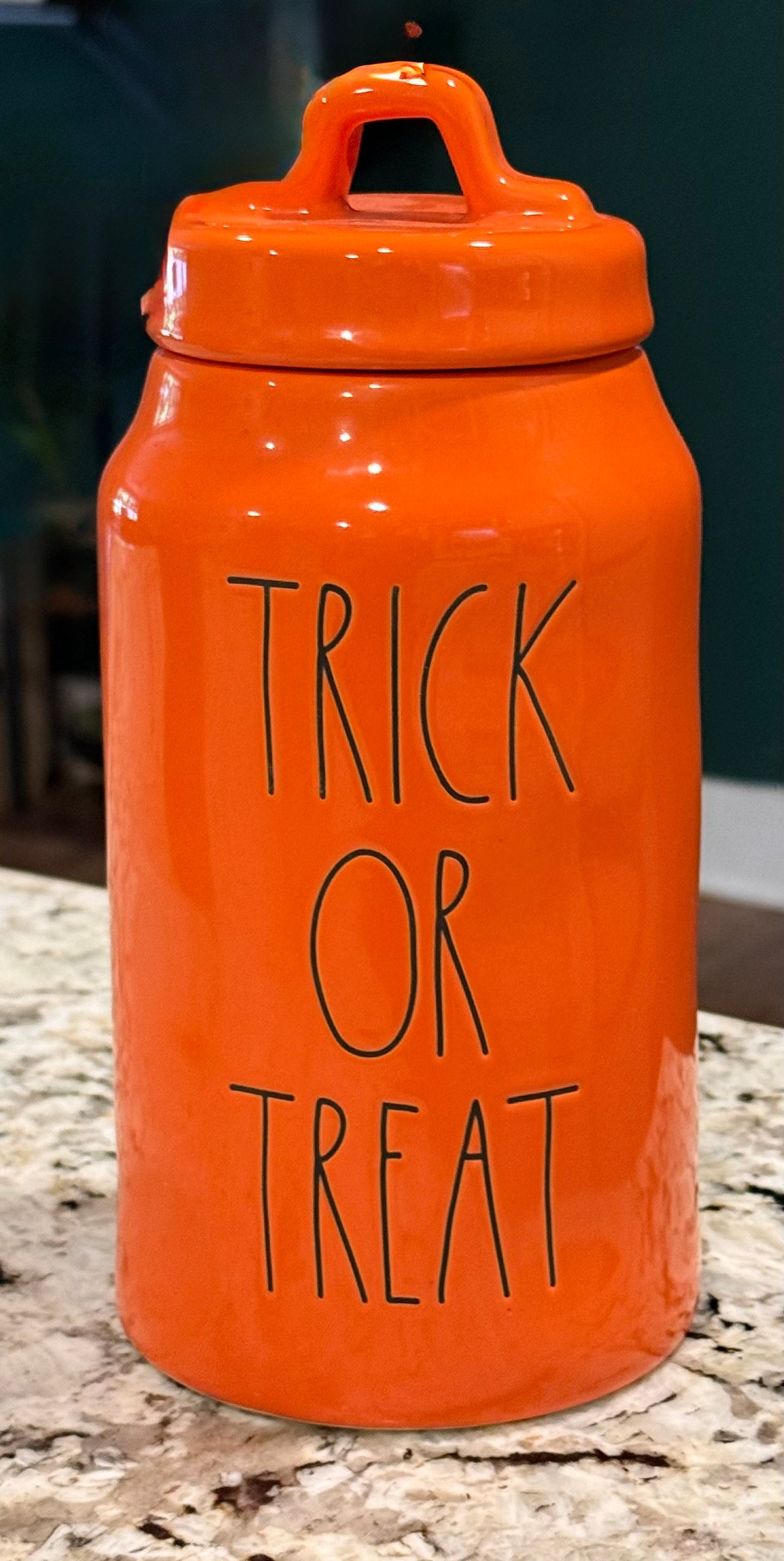 New Rae Dunn orange ceramic Halloween decor canister 9” TRICK OR TREAT