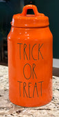 New Rae Dunn orange ceramic Halloween decor canister 9” TRICK OR TREAT