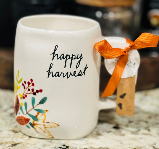 New Rae Dunn fall floral ceramic coffee mug HAPPY HARVEST