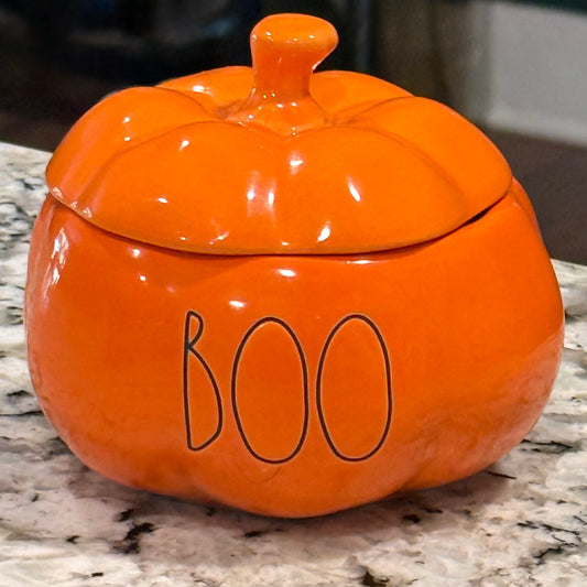 New Rae Dunn orange ceramic Halloween decor BOO pumpkin storage jar 5”
