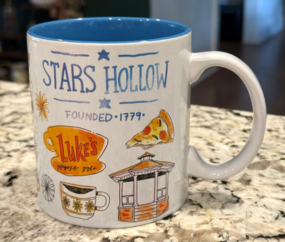 New 20oz The Gilmore Girls white logo ceramic coffee mug blue interior -stars hollow