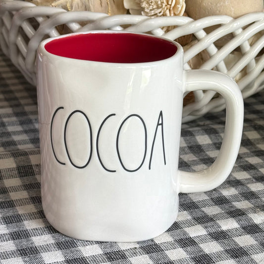 New Rae Dunn white ceramic Christmas mug red interior, COCOA