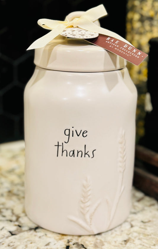 New Rae Dunn white ceramic fall canister GIVE THANKS raised floral engraving