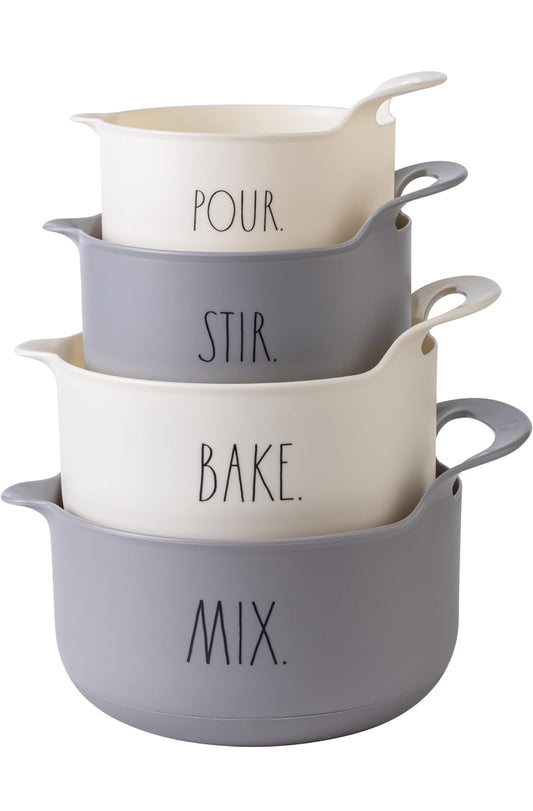 Rae Dunn Non-Slip Mixing Bowls - 4 Piece Nesting Plastic Mixing Bowl Set with Pour Spouts and Handles-Measurement Markings (Grey)