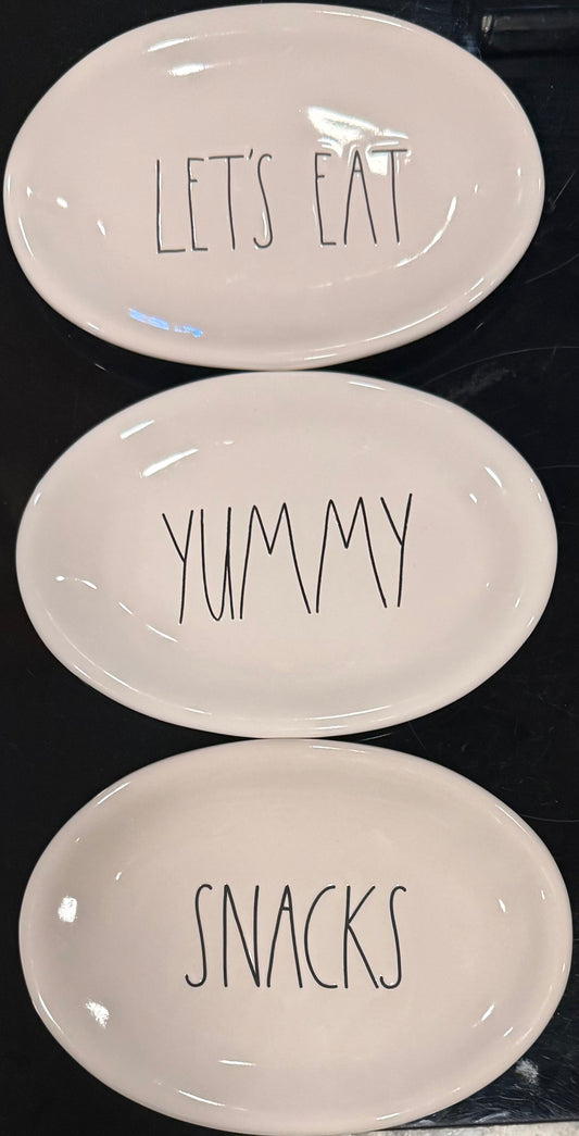 New Rae Dunn 3-piece ceramic oval plate set LETS EAT YUMMY SNACKS