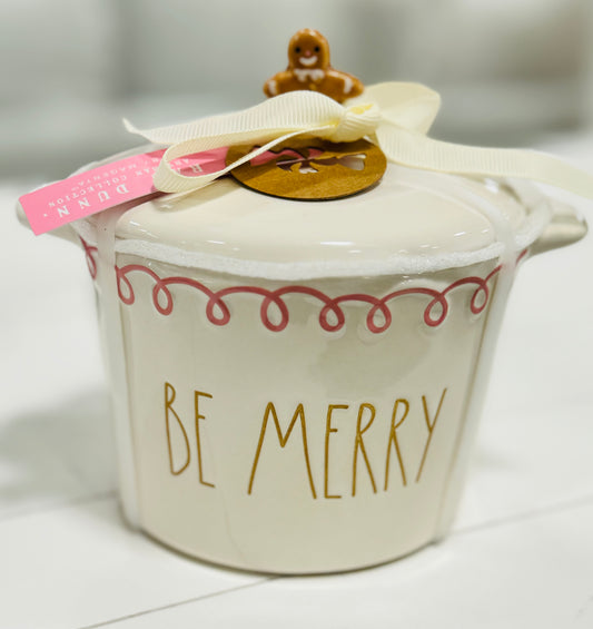 New Rae Dunm ceramic Gingerbread topped baking dish BE MERRY