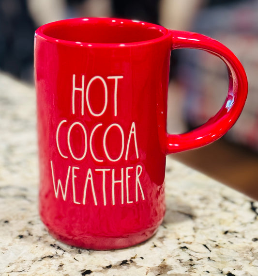 New Rae Dunn red ceramic Christmas coffee mug HOT COCOA WEATHER