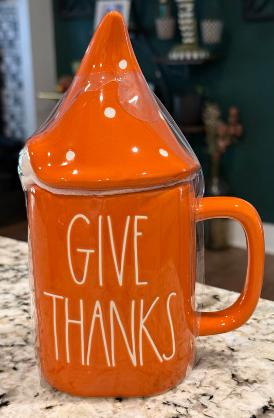 New Rae Dunn orange ceramic gnome topped coffee mug GIVE THANKS