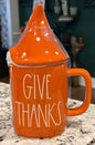 New Rae Dunn orange ceramic gnome topped coffee mug GIVE THANKS