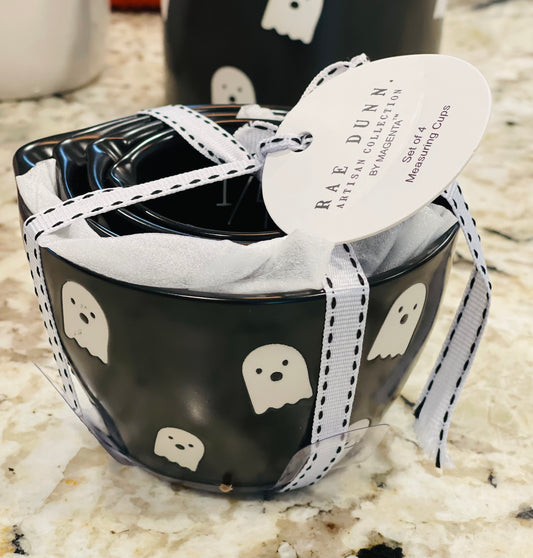 New Rae Dunn black ceramic ghost print Halloween 👻 measuring cup set