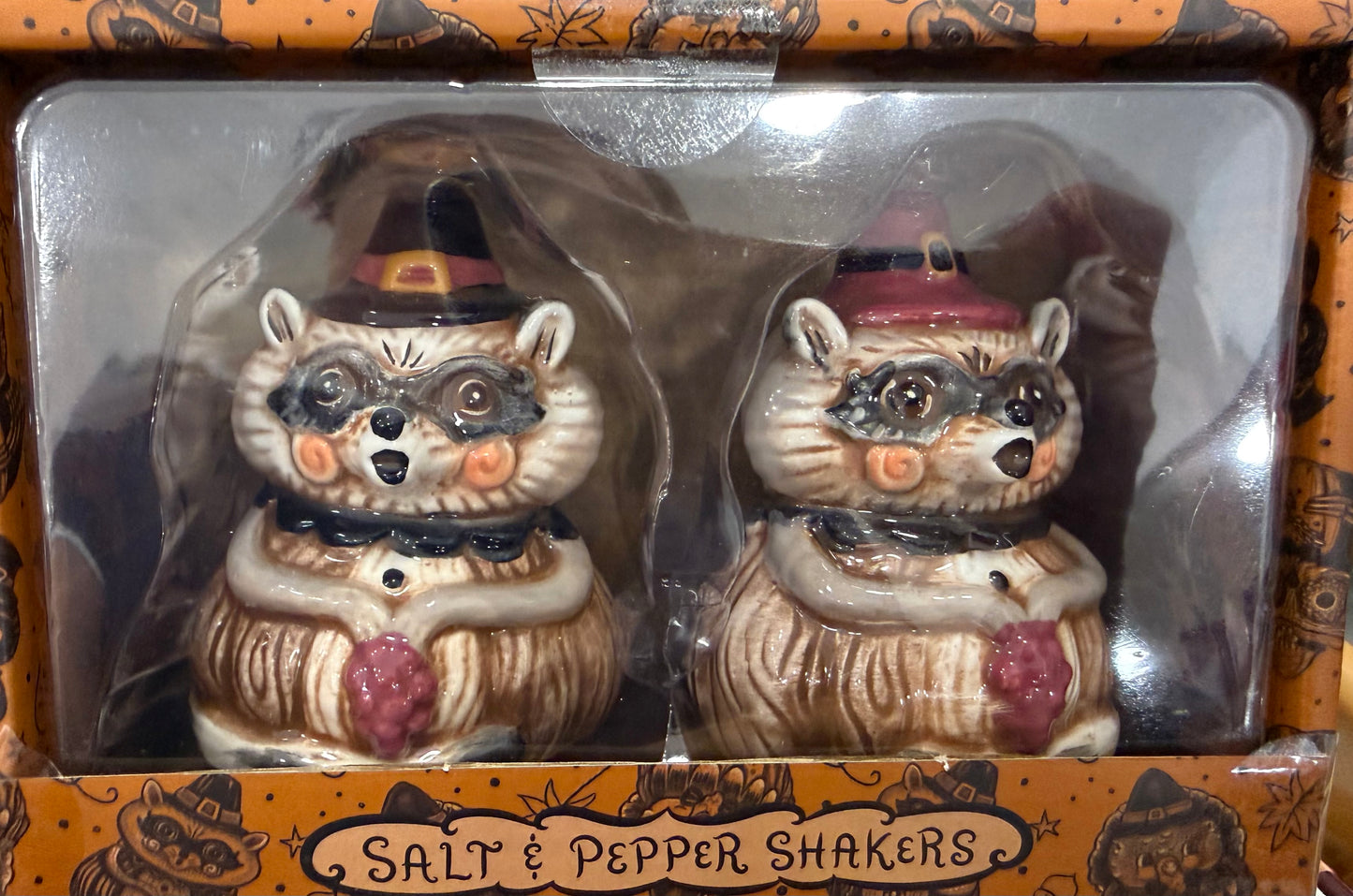 New release Joanna Parker ceramic fall raccoon salt and pepper shaker set