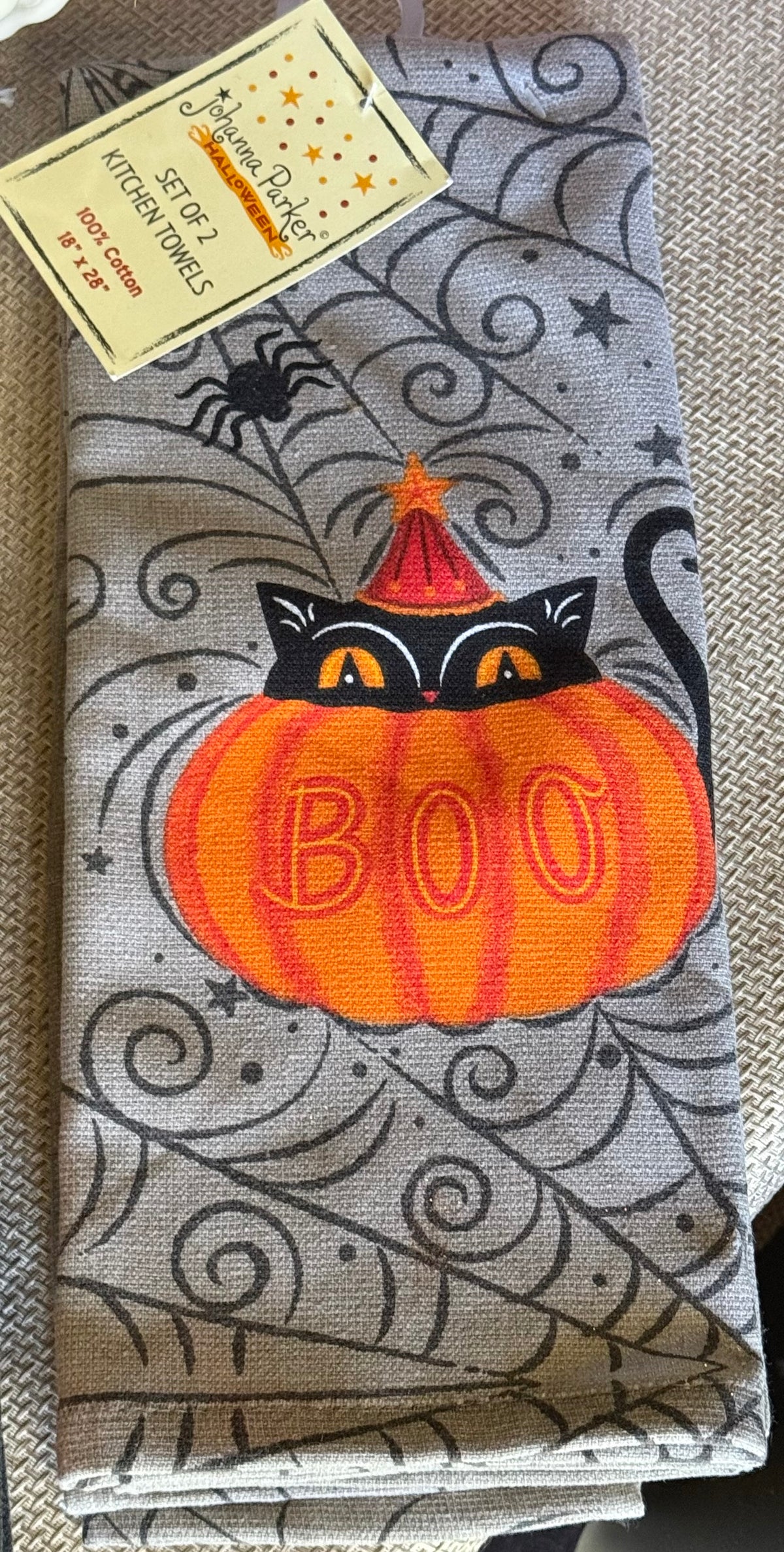 New Joanna Parker Halloween decor kitchen dish towel set of 2 -black cat