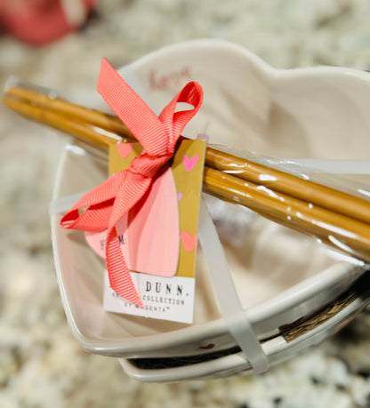 New Rae Dunn white and pink 2-piece heart ceramic bowl & chopsticks set