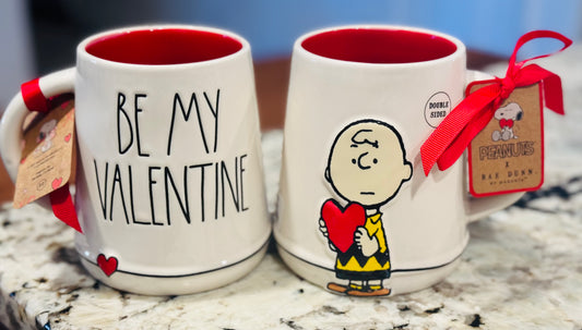 New Rae Dunn x Peanuts Snoopy Charlie Brown ceramic mug BE MY VALENTINE