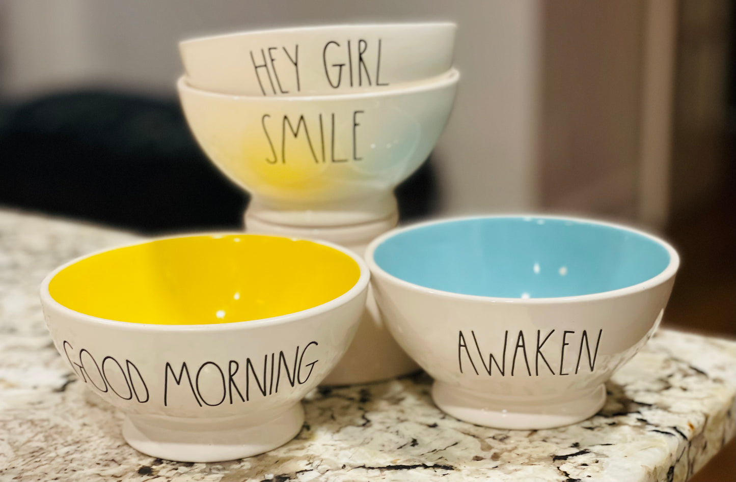 Rae Dunn white ceramic 4-piece gently used bowl set 2 with interior colors. GOOD MORNING, AWAKEN, SMILE, HEY GIRL