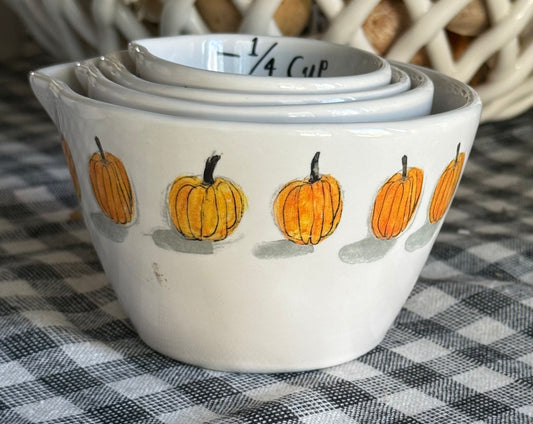 Rae Dunn white watercolor fall pumpkin ceramic measuring cup set