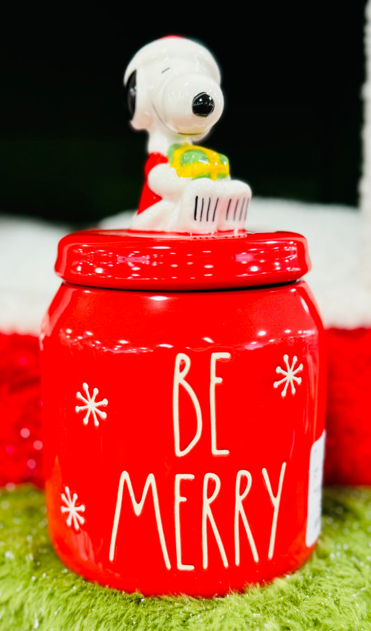 New Rae Dunn x Peanuts Snoopy topped ceramic BE MERRY Christmas canister