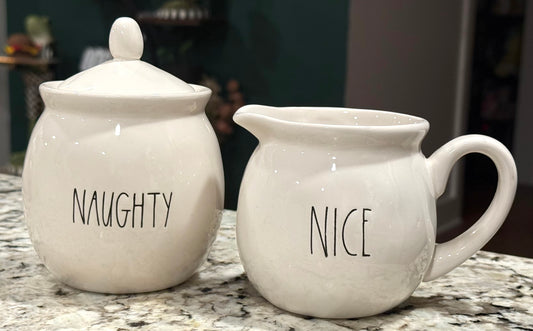 New Rae Dunn white ceramic 2-piece NAUGHTY & NICE cream and sugar set