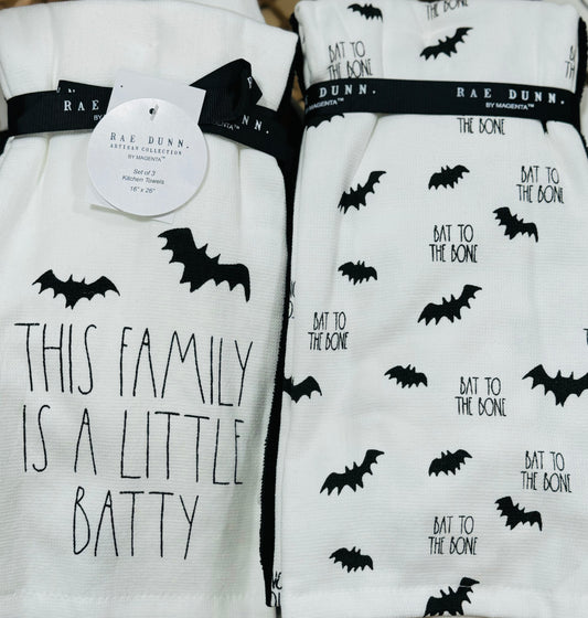 New Rae Dunn 3-piece kitchen dish towel set THIS FAMILY IS A LITTLE BATTY /black/BAT TO THE BONE