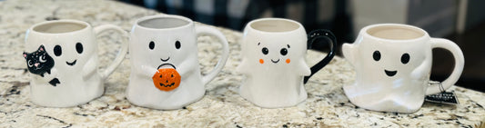 New 4-piece white ceramic hand painted ghost mug set Halloween decor