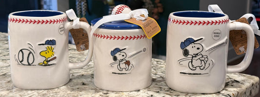 New Rae Dunn x Peanuts Snoopy ceramic 3-piece coffee mug and mini canister PLAY BALL & BALL GAME ⚾️