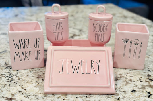 Rae Dunn 5-piece pink ceramic bathroom accessories set JEWERLY, HAIR TIES & BOBBY PINS, WAKE UP/MAKE UP, BRUSHES HOLDER