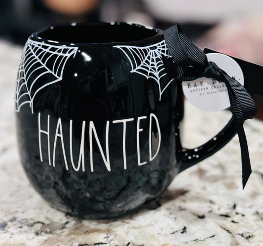 New Rae Dunn black iridescent ceramic Halloween coffee mug decor HAUNTED