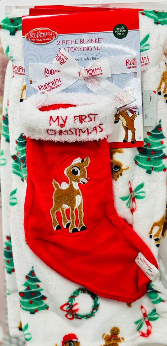 New Rudolph the Red Nosed Reindeer Baby’s First Christmas throw blanket & stocking set