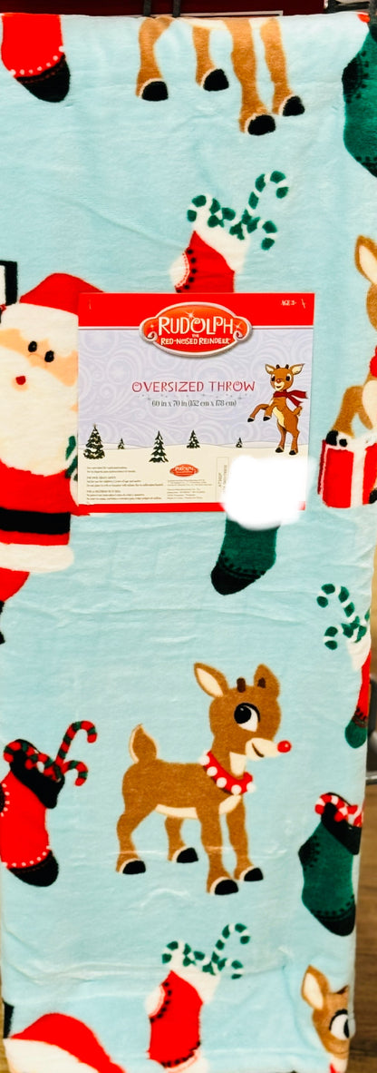 New Rudolph The Red Nosed Reindeer greenish Christmas plush throw blanket 60x70