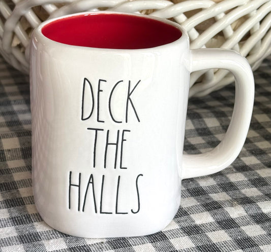 New Rae Dunn white ceramic Christmas mug red interior, DECK THE HALLS