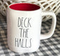 New Rae Dunn white ceramic Christmas mug red interior, DECK THE HALLS