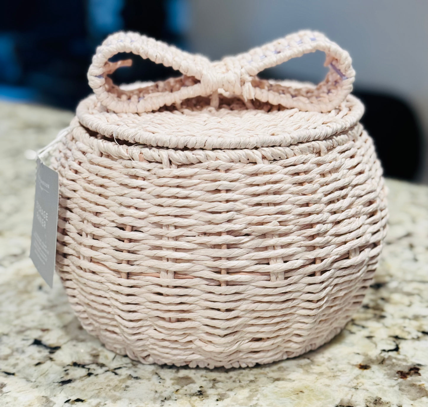 New baby pink wicker coquette lidded storage container 8.5x9x5