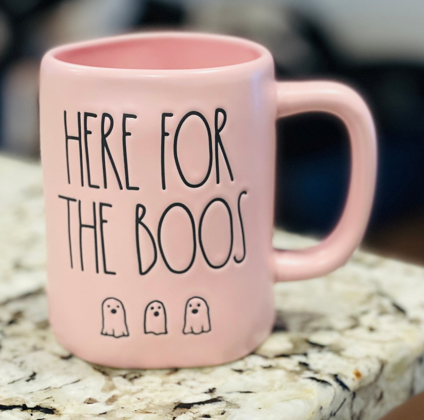 New Rae Dunn pink ceramic Halloween 👻 ghost coffee mug decor HERE FOR THE BOOS