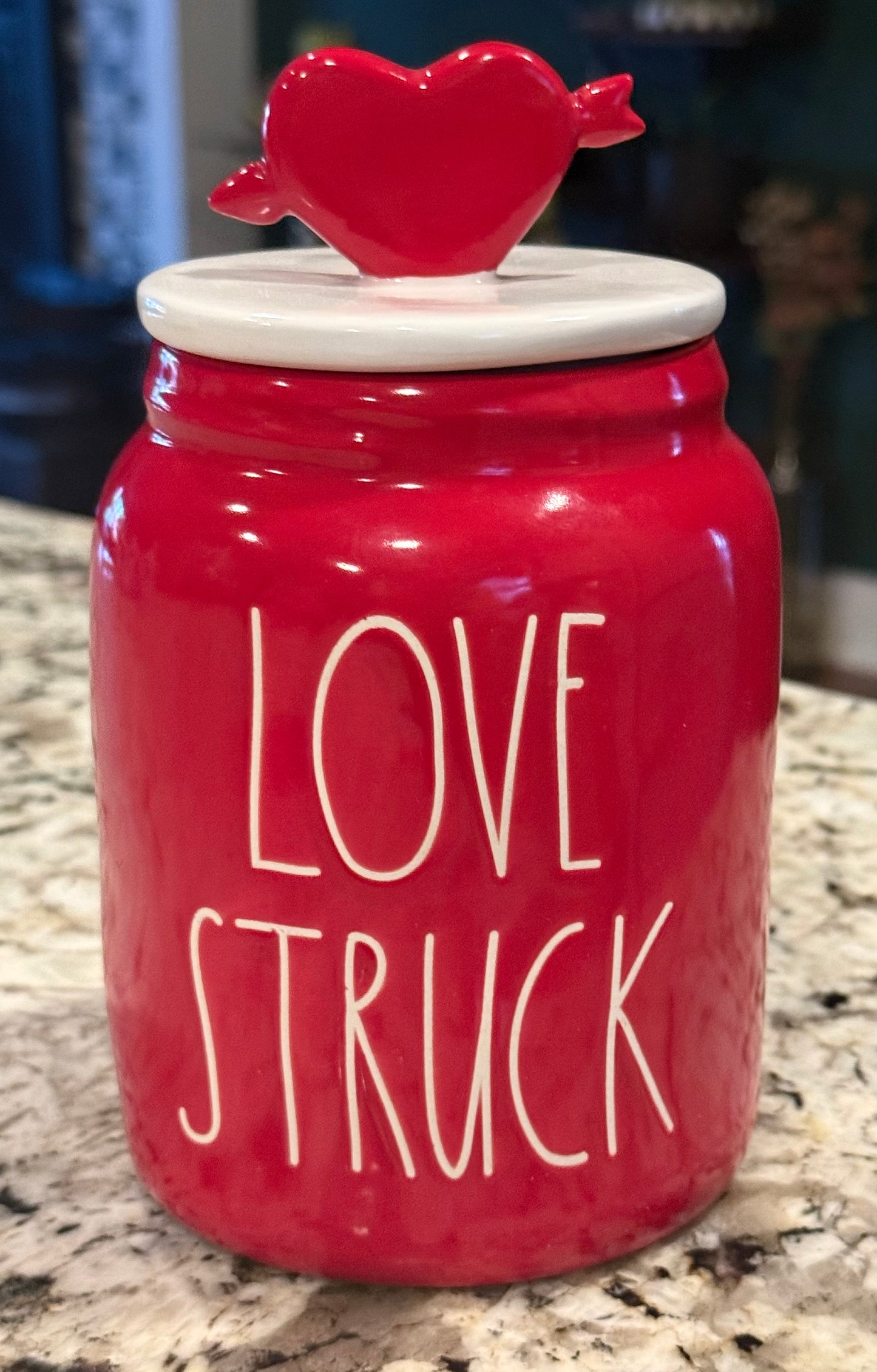 New Rae Dunn red ceramic LOVESTRUCK heart topped canister 6”
