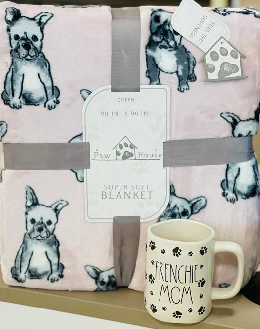 New Frenchie gift set 90x90 pink frenchie print blanket & FRENCHIE MOM Rae Dunn paw print coffee mug