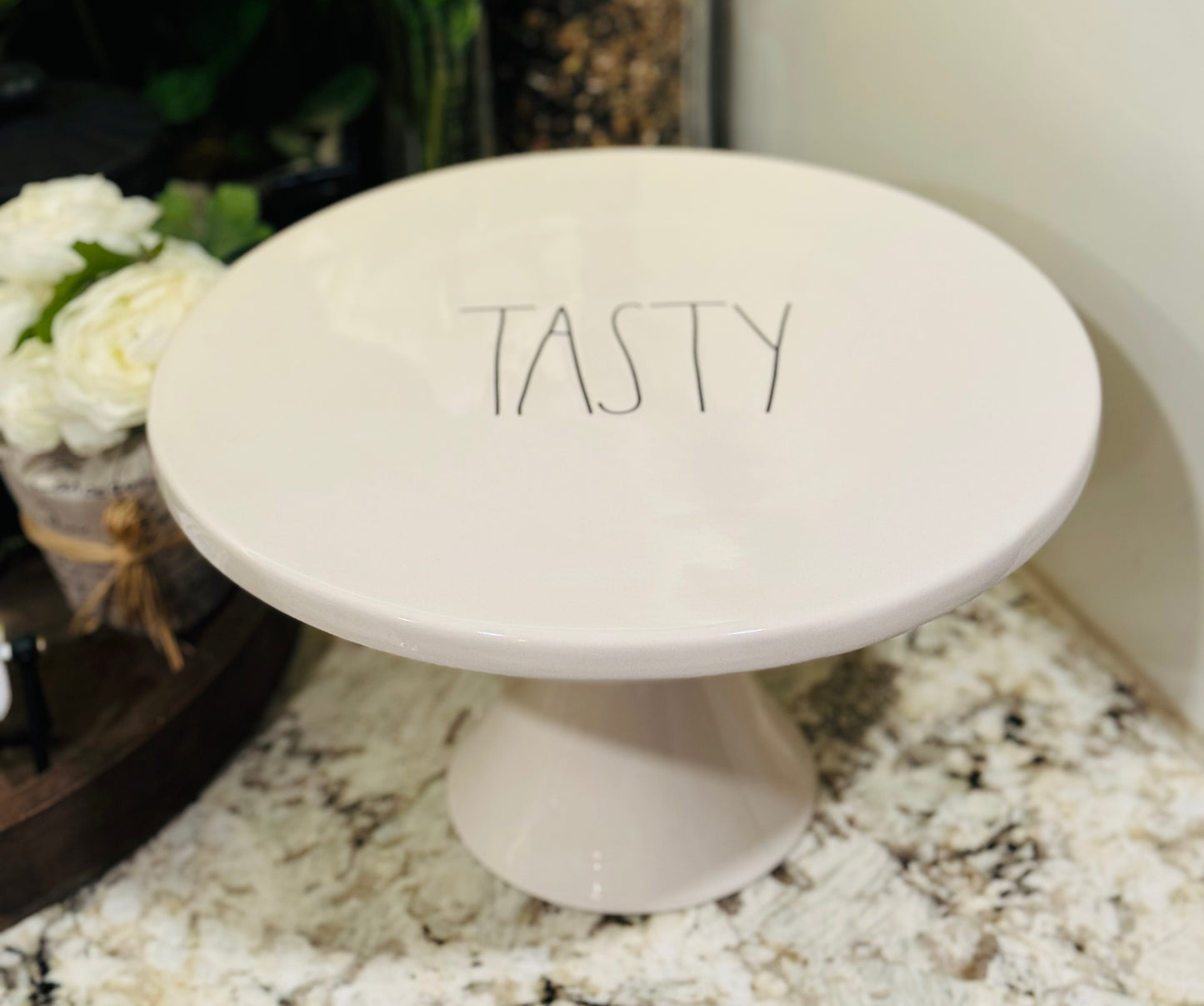 New Rae Dunn white ceramic TASTY cake 🍰 stand 12.5x7