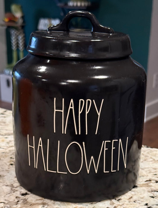 New Rae Dunn black  ceramic 8” HAPPY HALLOWEEN decor canister cookie jar
