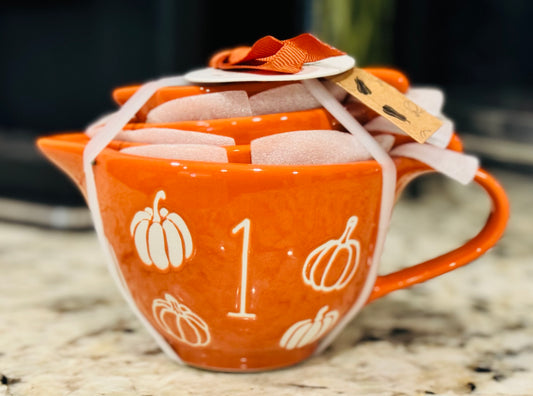 New Rae Dunn orange fall ceramic pumpkin engraved measuring cup set