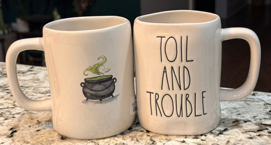 New Rae Dunn white ceramic coffee mug Halloween decor TOIL AND TROUBLE