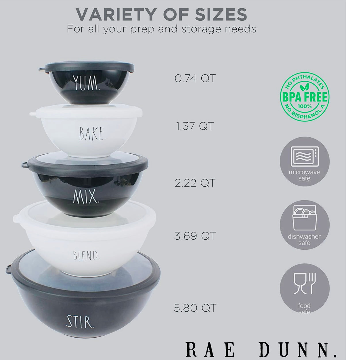 New Rae Dunn black & white plastic kitchen mixing bowl set