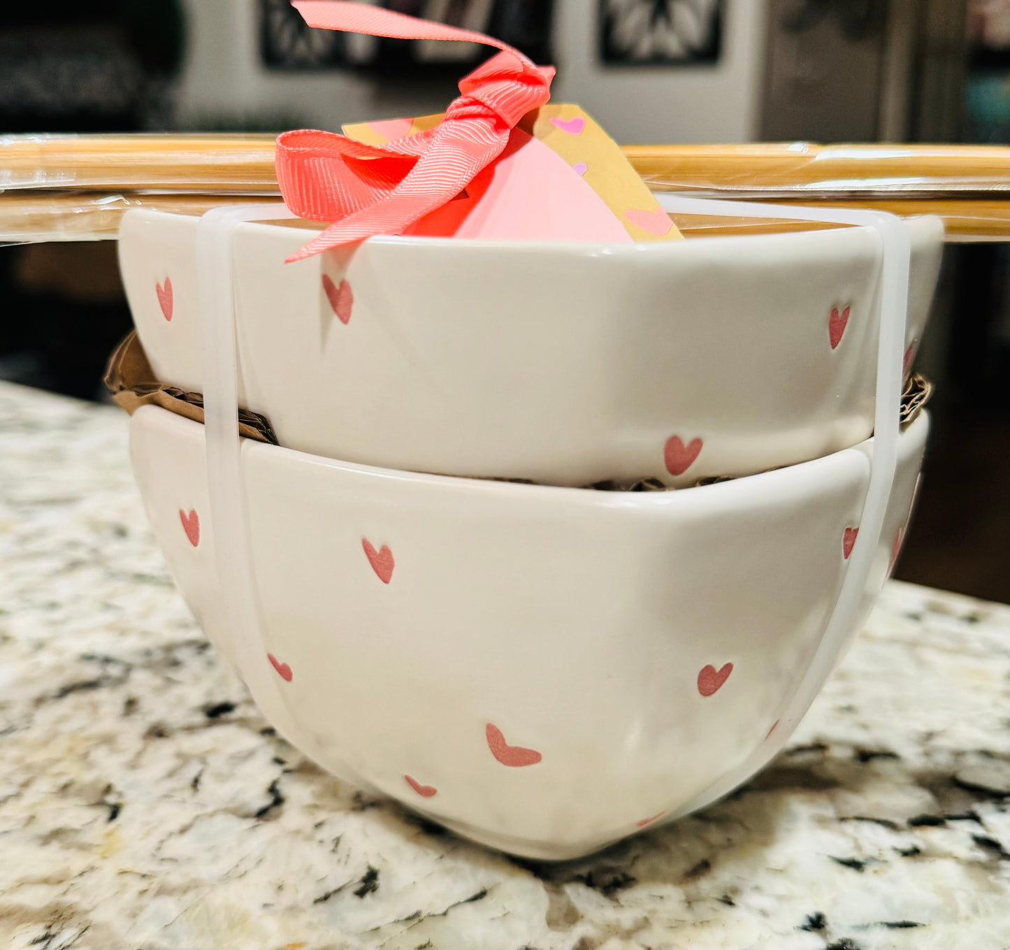 New Rae Dunn white and pink 2-piece heart ceramic bowl & chopsticks set