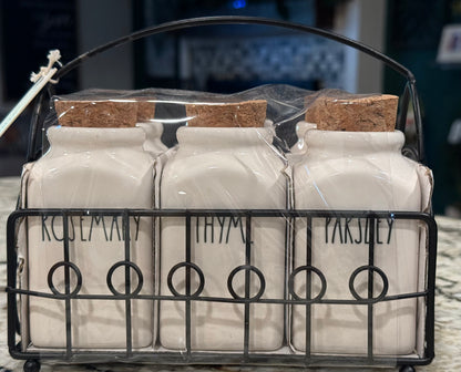 New Rae Dunn white ceramic 6-piece storage spice jar set with metal basket