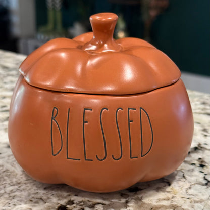 New Rae Dunn ceramic fall BLESSED pumpkin candle decor Harvest Pumpkin