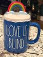 New Rae Dunn blue ceramic rainbow topper mug LOVE IS BLIND