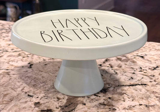 New Rae Dunn mint green ceramic 4” cake stand HAPPY BIRTHDAY