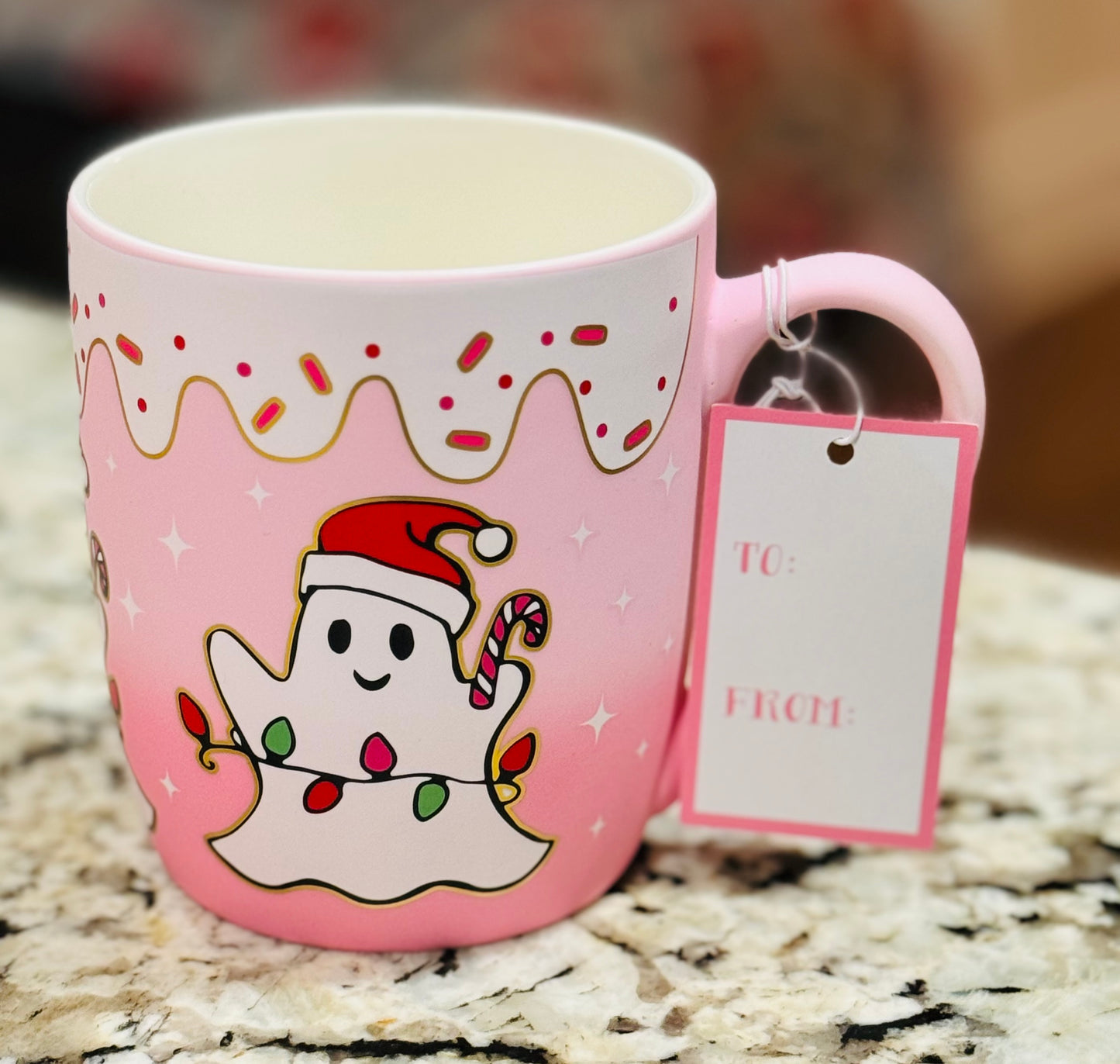 New Peppermint Pine Hand Painted soft feel ceramic Christmas ghost mug pink