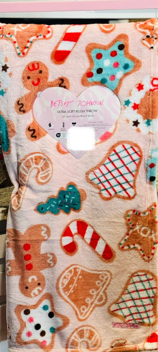 New Betsy Johnson Pink & white Christmas gingerbread & candy cane throw blanket 50x60