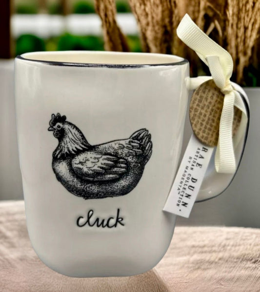 New Rae Dunn white ceramic Farmline script coffee mug CLUCK